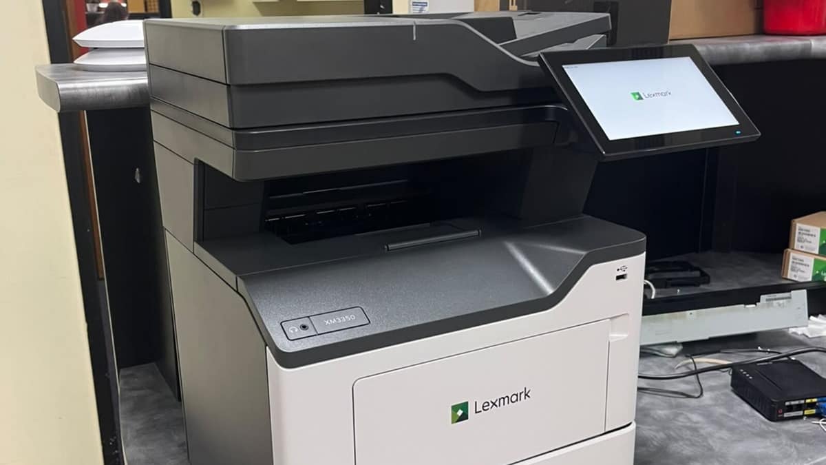 Lexmark XM3350 multifunction printer in the Office Automation Mackay workshop