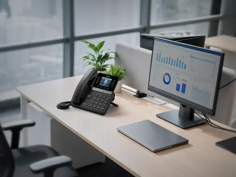 A Yealink desk phone on an office desk beside a monitor