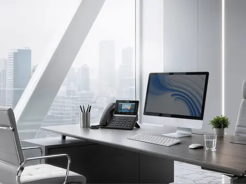 A Yealink desk phone with a large colour screen on a desk in a private office