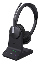 Yealink wireless headset on its charging base